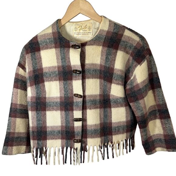 JUNIORITE Women's Vintage Fringe Wool Plaid Cropped Jacket Blue/Cream Size 13 - Picture 1 of 12